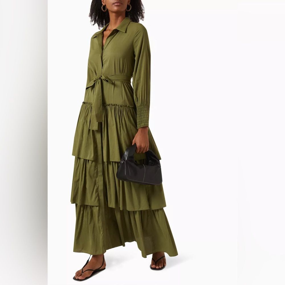 MISA Los Angeles Abigail Dress in Cotton Olive green tiered maxi dress size XS